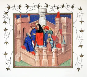 Intérieur du château de Conway et le comte de Northumberland délivrant son faux message à Richard II, copie fac-similé de Le Prinse et Mort du Roy Richart par Jean Creton, réimprimé au 19ème siècle (couleur)